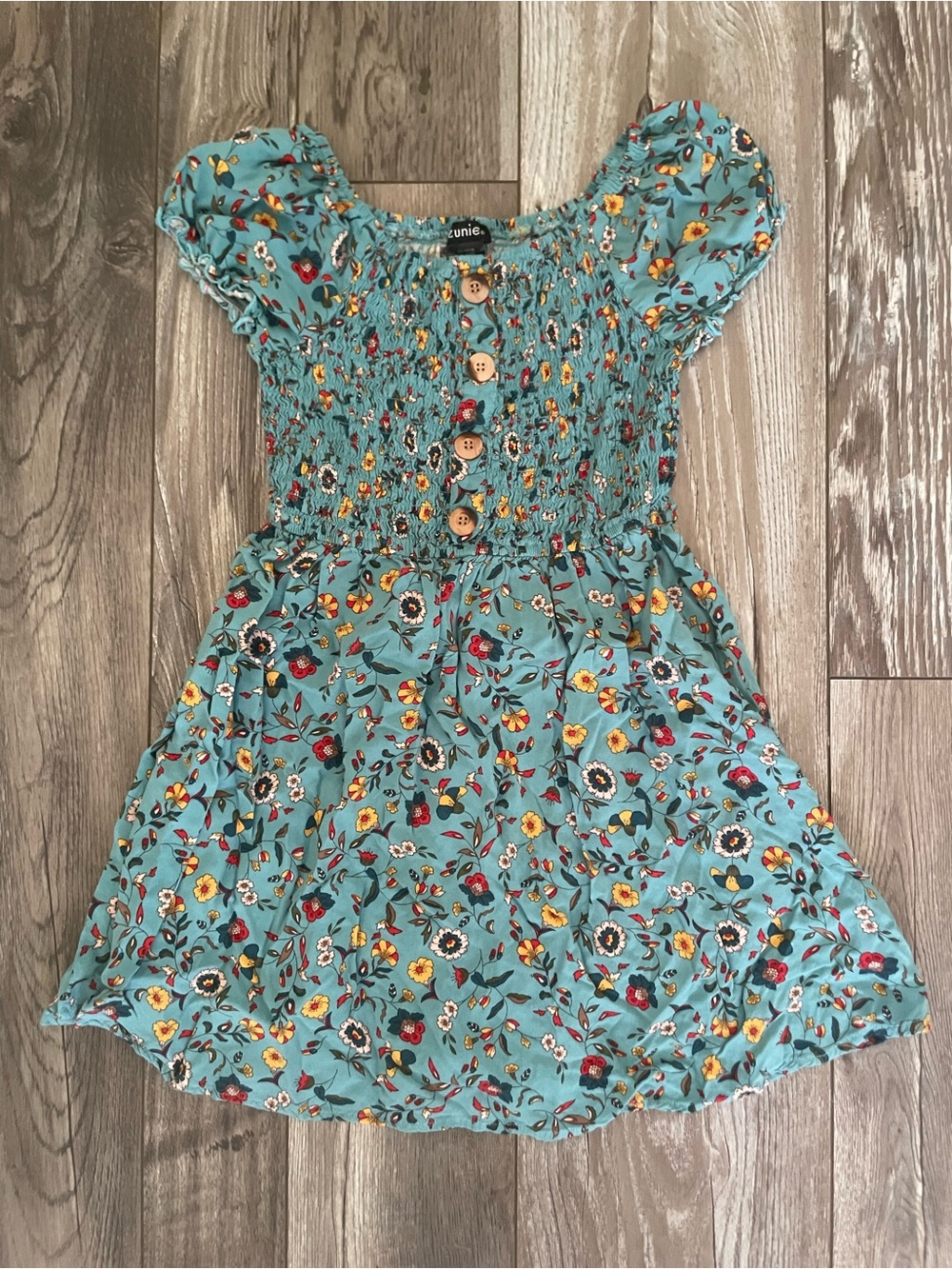 Zumiez Teal Floral Smocked Dress with Wooden Buttons